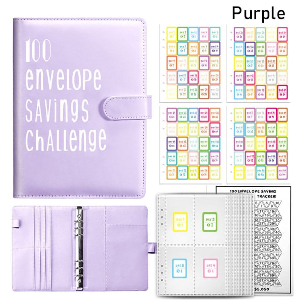 100-dagers konvoluttutfordring Binder Savings Challenge Book LILLA purple