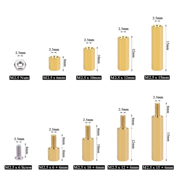 180 stk. Hex Messing Spacer Sortiment Kit Standoff skruemøtrik