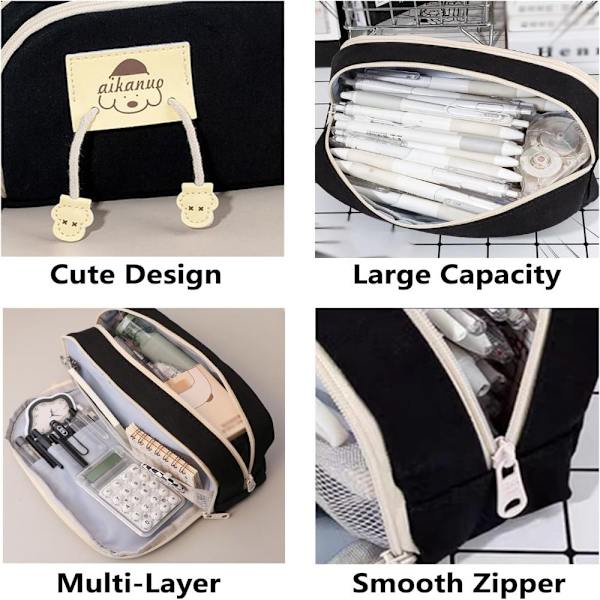 Kawaii Dog Pencil Bags Canvas Pencil Pouch SORT black