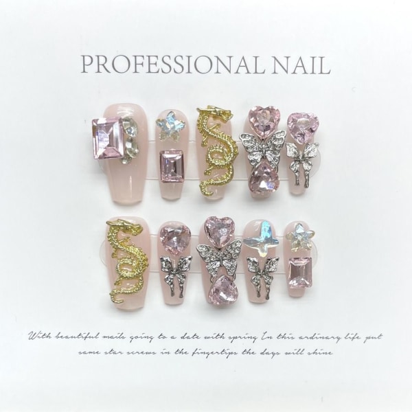 Pure Manual False Nail Heart Cube Crystal Handmade Nails XS XS