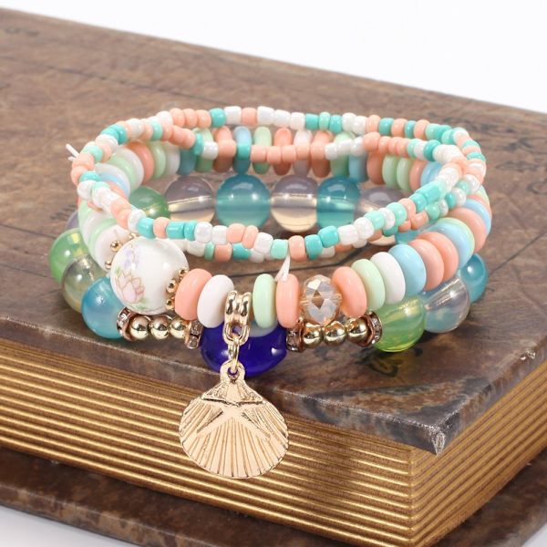 4st Boho Evil Eye Flerlagers Crystal Beaded Armband gul