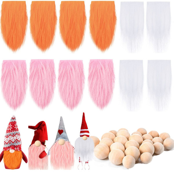 Set med 12 Gnome Skägg med träbollar ORANGE ROSA VIT Orange Pink White