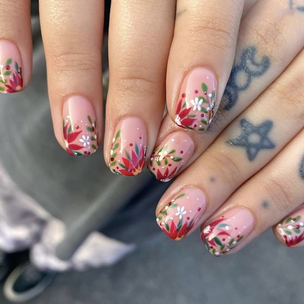 24stk/æske Safflower Greenery False Nail Pink Fake Nail Tryk på