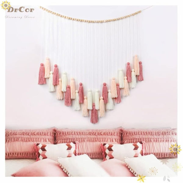 Blush Pink Dusk Vegghengende Vevd Tapestry Wood Bead Fringe