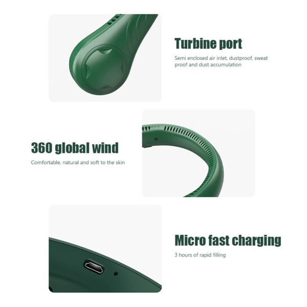 Riippuva kaulatuuletin Kannettava tuuletin USB ladattava vihreä