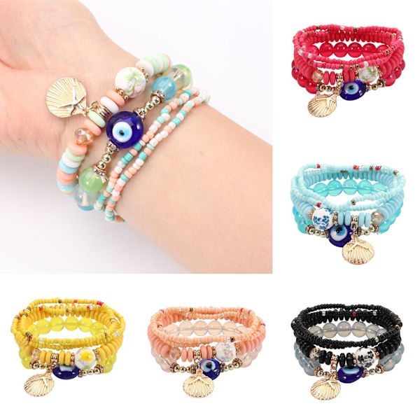 4st Boho Evil Eye Flerlagers Crystal Beaded Armband blå