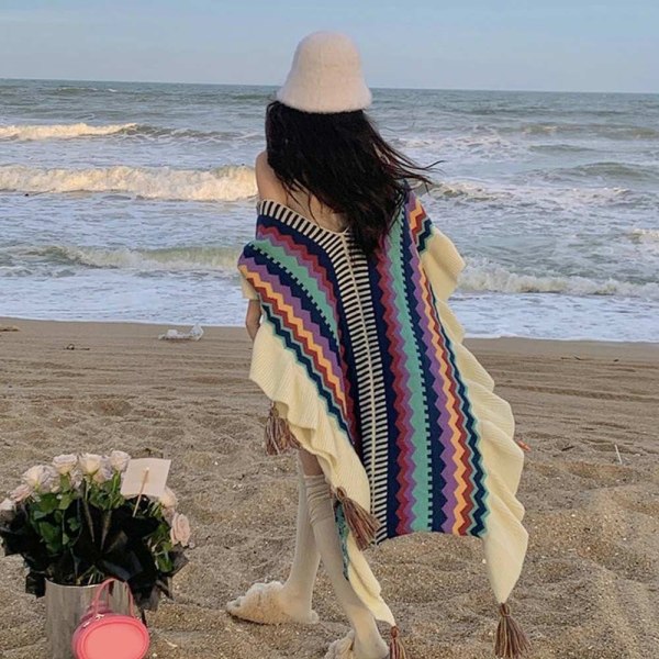 Mongolisk Poncho Cardigan Tofs Sjal SKY BLUE sky blue
