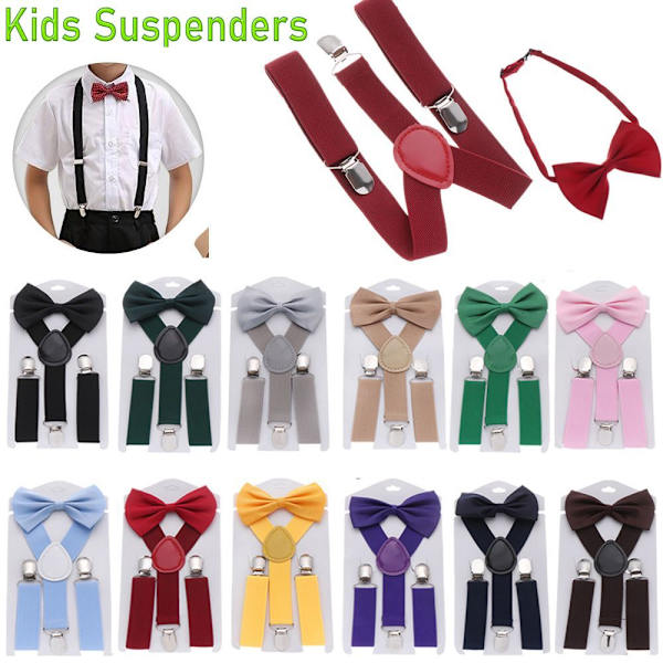 2 Set Barn Suspender Elastiska Bygelbälten med Slips khaki+black