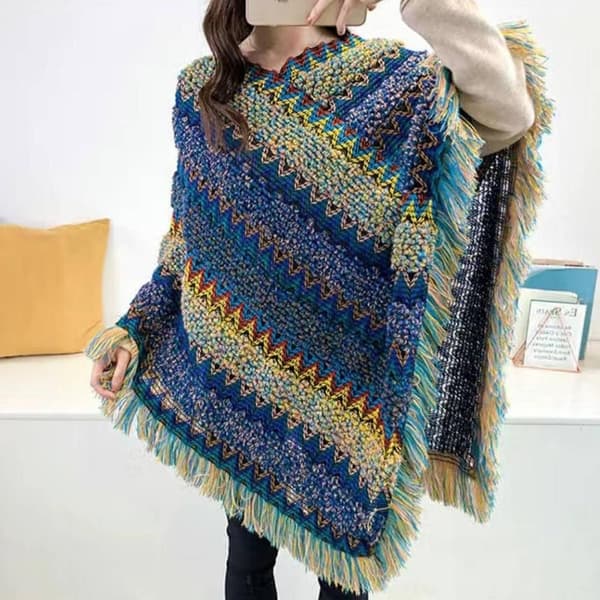 Mongolsk Poncho Pullover Tassel Sjal RØD red