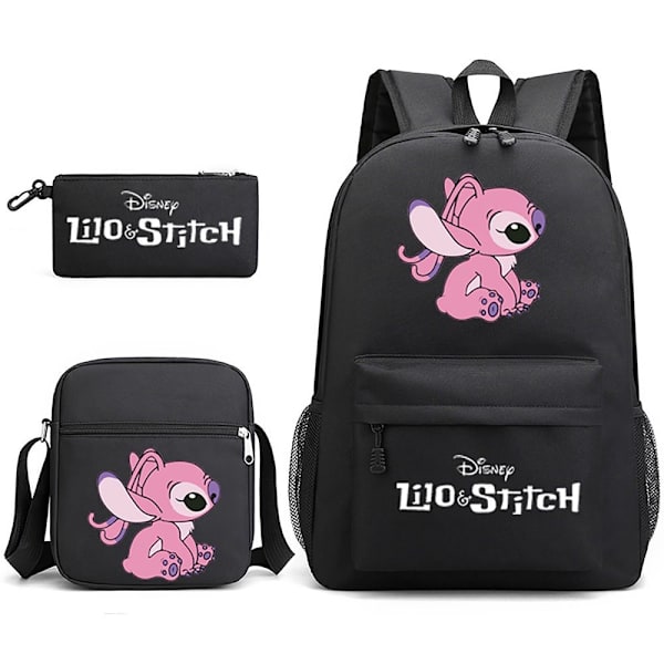 3-delt Set Stitch Rygsæk Skulderrygsæk Canvas SORT A A BLACK A