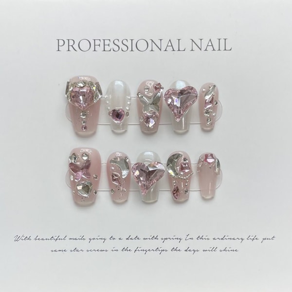 Pure Manual False Nail Pink Love Diamond Håndlavede negle LSHORT LSHORT