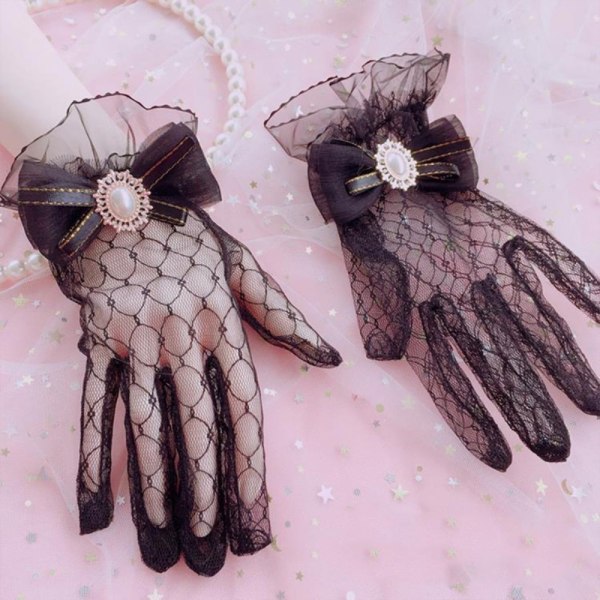 Musta Valkoinen Pitsikäsineet Gothic Lolita Mesh Bow Glove MUSTA Black