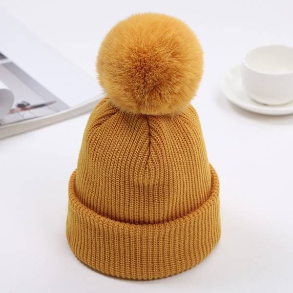 Crimping Beanie Hat Pompom Hat KELTAINEN Yellow