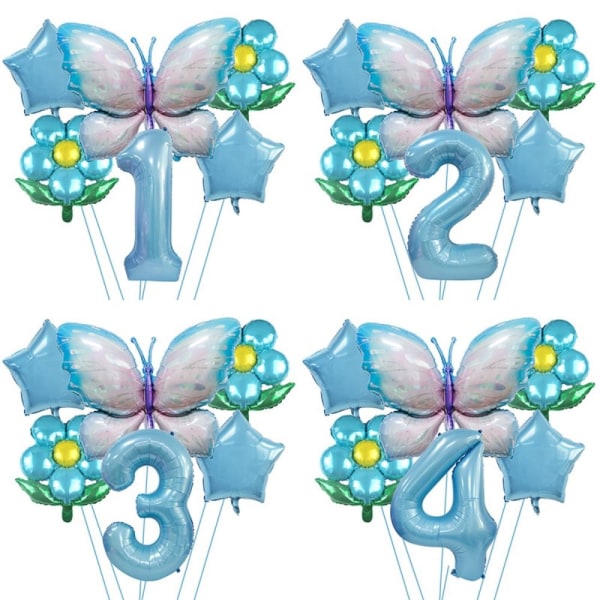 6 Stk/sett Butterfly Number Ballonger Aluminiumsfolieballong Blue-Number 3