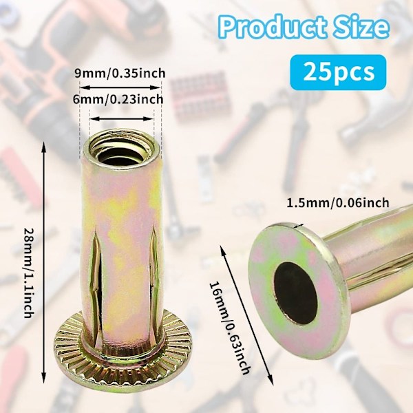 25 kpl Teräs PRE-BULBED Varsi Multi Grip Niittimutterit Tasapää