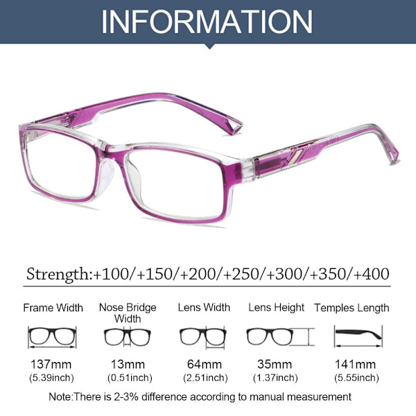 Anti-Blue Light Lukulasit Neliömäiset silmälasit PURPURIT Purple Strength 150