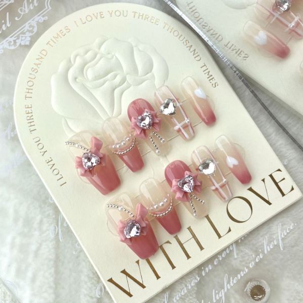 10st Love Bow Handgjorda naglar Pure Manual False Nail LÅNG LÅNG SLong