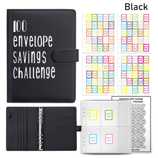 100 dagers konvoluttutfordring Binder Savings Challenge Book SVART black