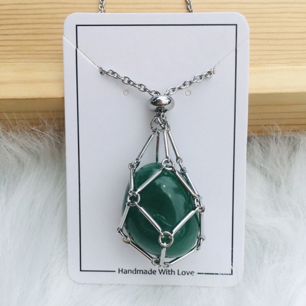 Crystal Holder Cage Necklace Crystal Net Metal Halsband SILVER Silver Green Aventurine-Green Aventurine