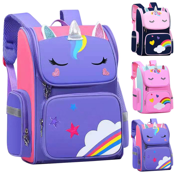 Vanntett skoleveske for barn Cartoon 3D Unicorn Book Bag purple Small