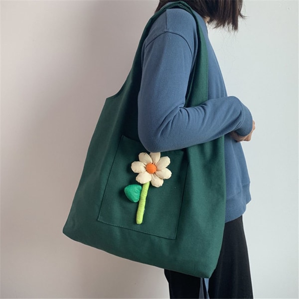 Söt blomma canvas handväska shoppingväska grön