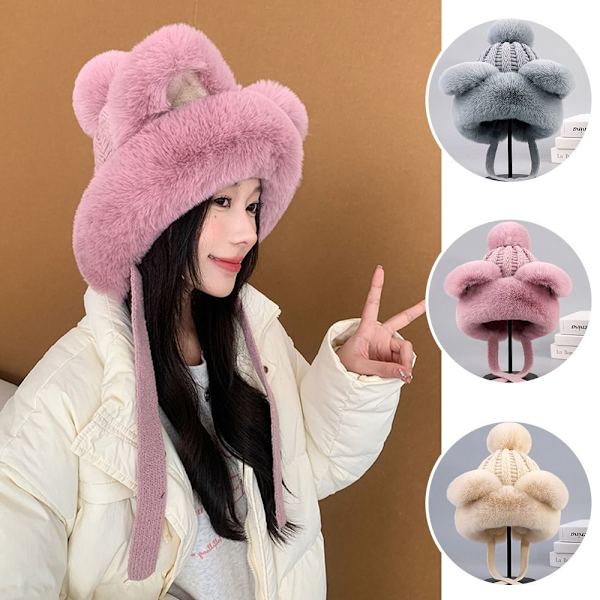 Faux Fur Beanies Hattu Kissa Korva Neulottu Cap KHAKI khaki
