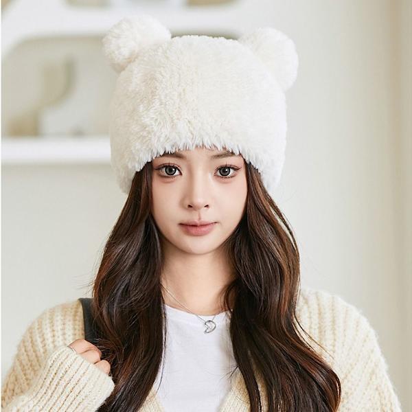 Bear Ear Stickad Mössa Vinter Varm Cap VIT white