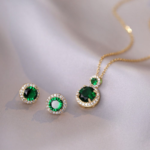 Emerald Zircon Halsband Titanium Steel Chain Smycken Set