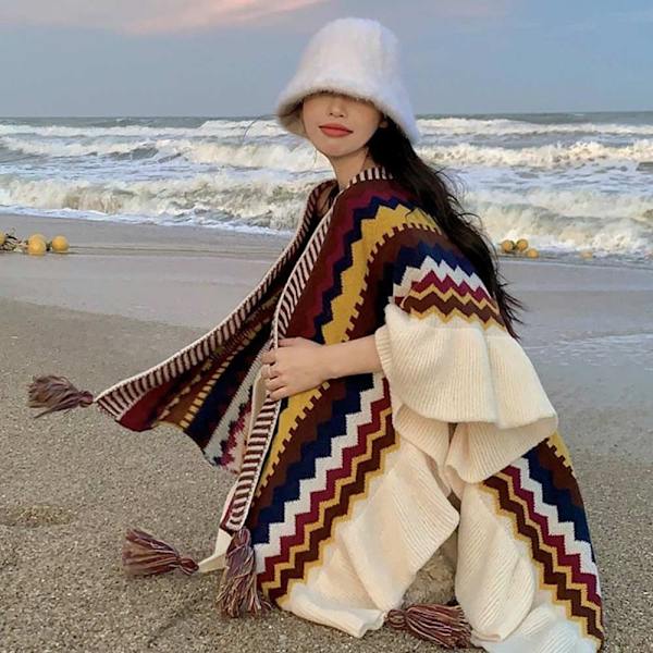 Mongolisk Poncho Cardigan Tofssjal RÖD red
