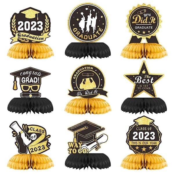 9 stk/sett Graduation Dekoration Honeycomb Balls GULL Gold