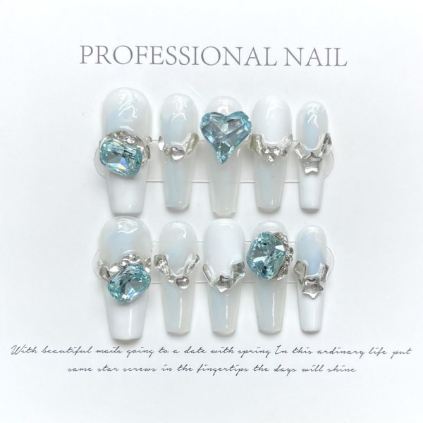Pure Manual False Nail Love Blue Diamond Handmade Nails XS XS