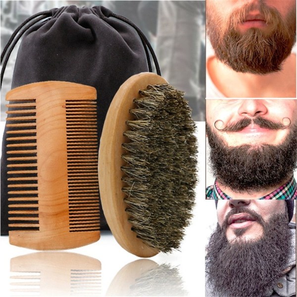 Wood Beard Comb Boar Bristle Brush Facial Shaving Beard Grooming