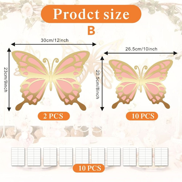 12 Stk 3D Sommerfugle Vægpinde Papir Sommerfugle Sæt Dyr Pink Gold 12pcs-12pcs