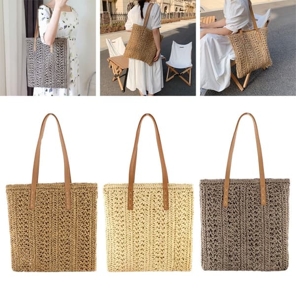 Straw Beach Bag Handgjord vävd GRÅ grey