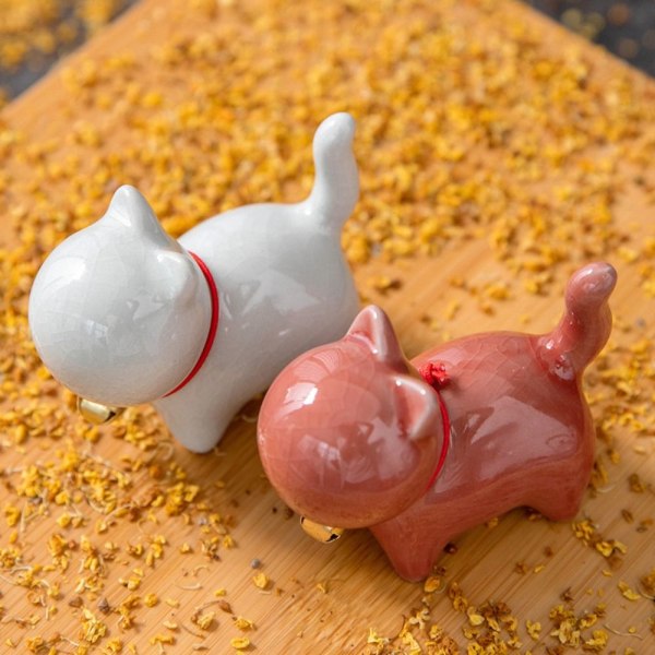 Naturlig Keramik Kat Hund Træ Hvalpe Figurer HVID White