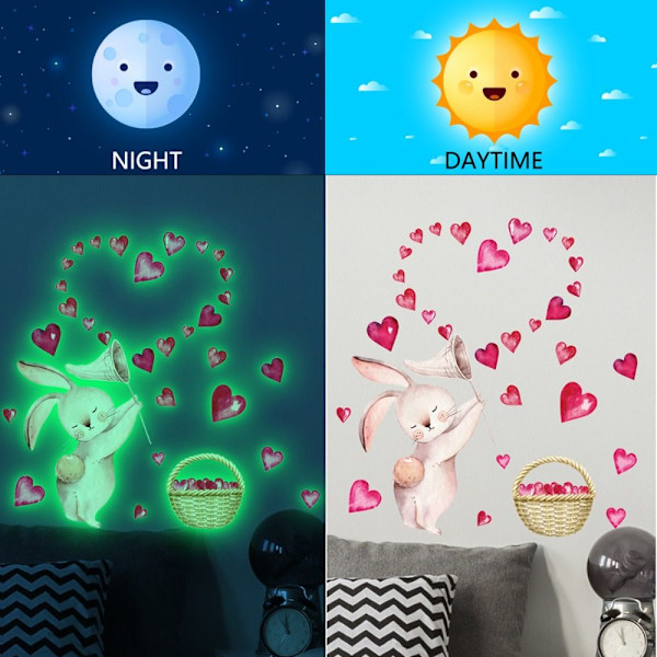 Lysende vægklistermærker Tegneserie kanin Decals Pink Heart