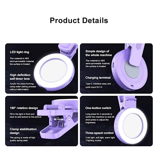 Telefon Fill Light Selfie Mirror Selfie Reflector Speglar LILA Purple