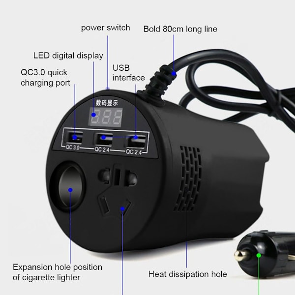 Bil Power Inverter Automotive Power Inverter Spänningstransformator Black