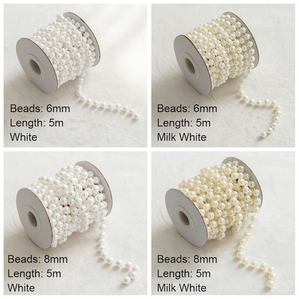 Kunstige perler Perler Kjede Perlesnor Garland HVIT 6MM white 6mm beads-5m-6mm beads-5m