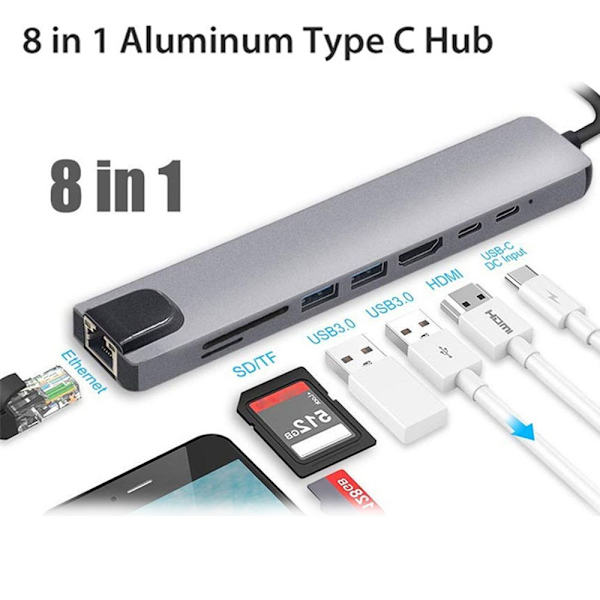8 i 1 Typ C till USB-C Hub 4K HDMI Adapter USB 3.0-port