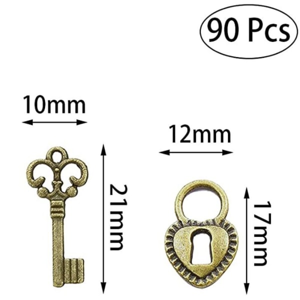 90 kpl Keys Charm Key Heart Lock Charm Set Royal Key Padlock