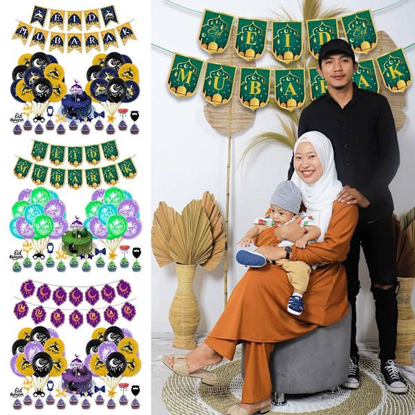 1 sæt Eid Mubarak Banner Bunting Latex Ballon E E