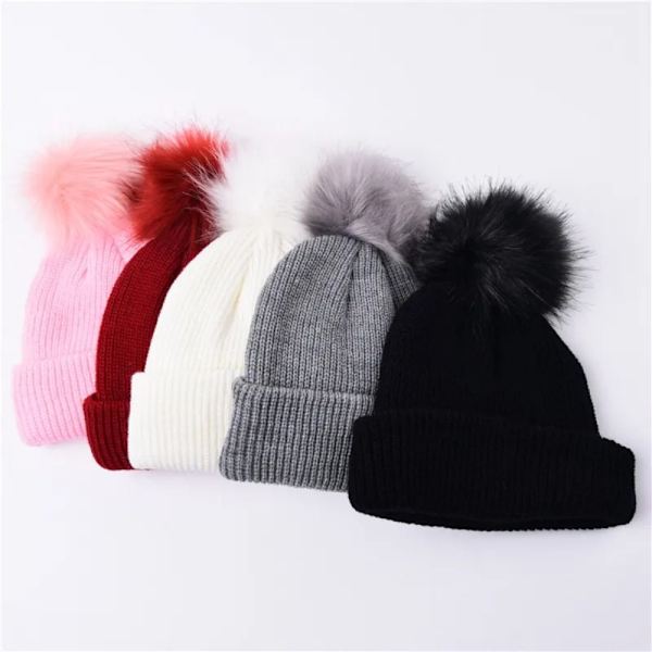 Krympende Beanie Hat Pompom Hat HVID White
