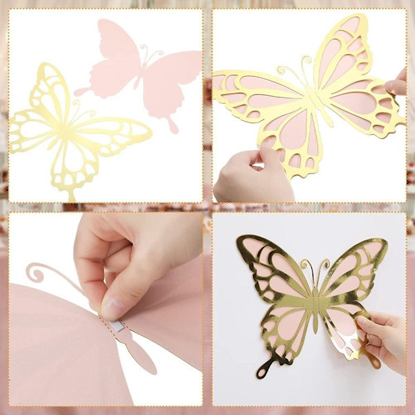 12 Stk 3D Sommerfugle Vægpinde Papir Sommerfugle Sæt Dyr Pink Gold 12pcs-12pcs