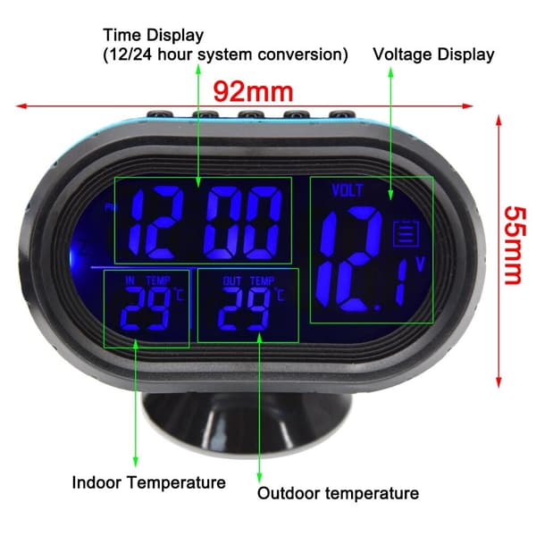 Digital voltmeter Biltemperaturklokke BLÅ blue