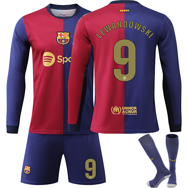 2024-2025 Barcelona Home Kids Long sleeved Football Shirt Kit No. 9 Lewandowski L