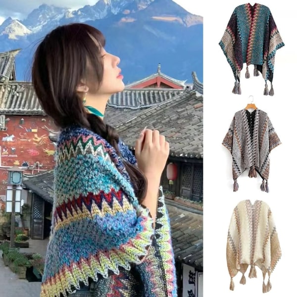 Mongolsk poncho cardigan kvast sjal BLÅT blue