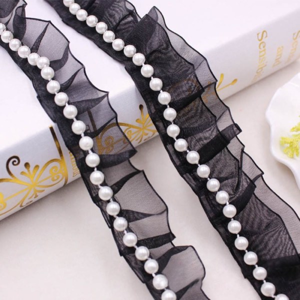 Håndsydd Pearl Pearl Braid Lace Ribbon SVART DOBBEL black double