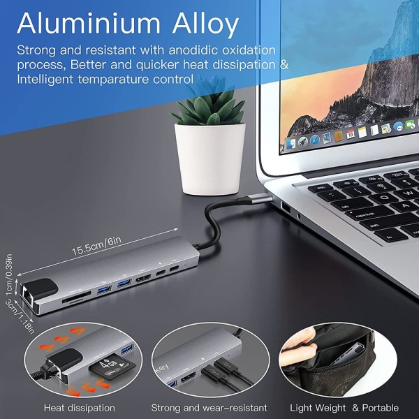 8 i 1 USB HUB Type-C Splitter 4K HDMI PD Opladningsdock Station USB 3.0
