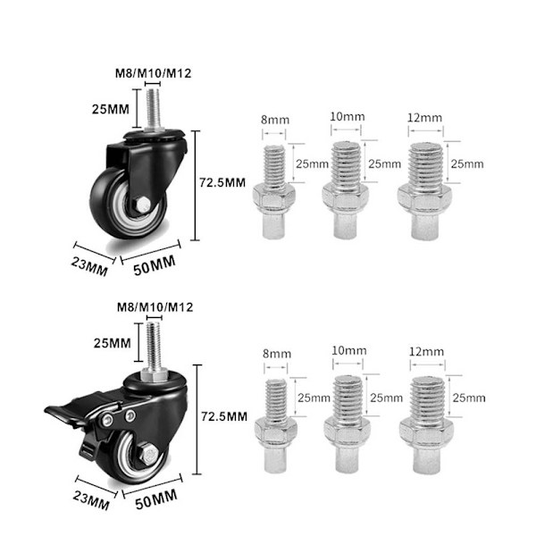 Møbelhjul 1,5 INCHM8X25 M8X25 1.5 InchM8x25